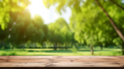 Empty wooden tabletop, spring park background