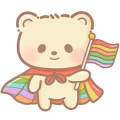 Handdrawn illustration Cute kawaii yellow teddy bear pride month Lgbt Rainbow clipart pastel color greeting card party invitation
