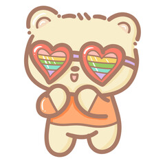 Handdrawn illustration Cute kawaii yellow teddy bear pride month Lgbt Rainbow clipart pastel color greeting card party invitation