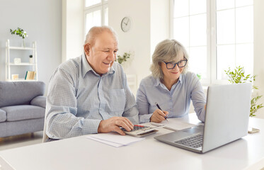 Elderly couple working together at home, using a laptop to manage bills, payments, debt, and...