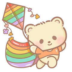 Handdrawn illustration Cute kawaii yellow teddy bear pride month Lgbt Rainbow clipart pastel color greeting card party invitation