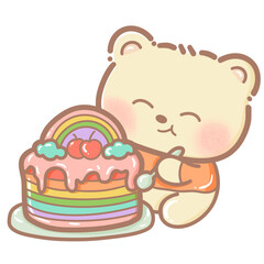 Handdrawn illustration Cute kawaii yellow teddy bear pride month Lgbt Rainbow clipart pastel color greeting card party invitation