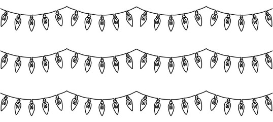 Line drawing of Christmas garland with light bulbs. Festive festoon xmas string and divider border in simple linear style. Editable stroke. Doodle vector illustration