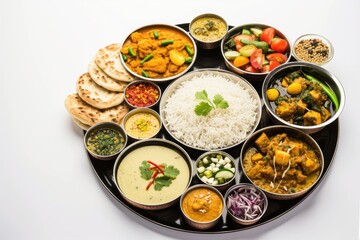 Top View, Selective Meal of Indian Thali (food platter) filled consists variety of veggies, lentils, rice, raita, roti and salad etc, beautifully presented and ready to be enjoyed.