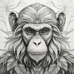 Monkey pencil line art painting isolated transparent background