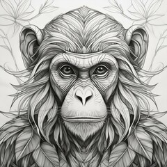 Fototapeta premium Monkey pencil line art painting isolated transparent background