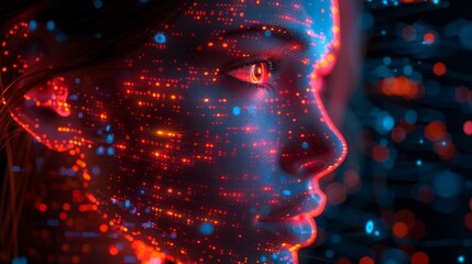 Human face with binary data flow. AI and big data concept. Machine cyber mind. Modern technology background.