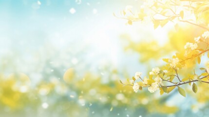 Abstract blurred spring background with green trees blue sky and bokeh light effect