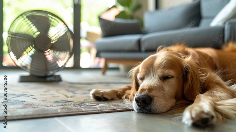 Wall mural pets, heatstroke : photo of a dog lying on the floor there is a fan that is spinning next to it. on 