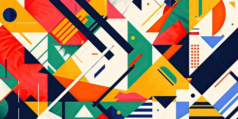 A Red, Blue, Green, Yellow and Orange geometric pattern design with triangles, squares, lines, and stripes in shapes on a white background