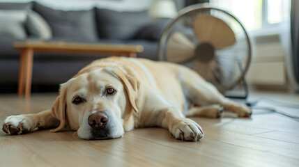 Plakat Pets, Heatstroke : Photo of a dog lying on the floor There is a fan that is spinning next to it. On a hotter than normal summer day.
