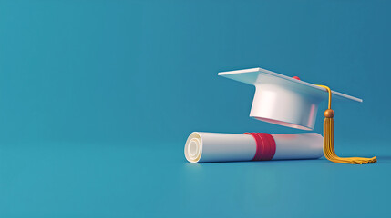 Elegant Graduation Cap with Gold Tassel and Diploma on Blue Background. Celebrating Academic Achievement and Success. Simplistic, Modern Design Ideal for Graduation Themes. AI