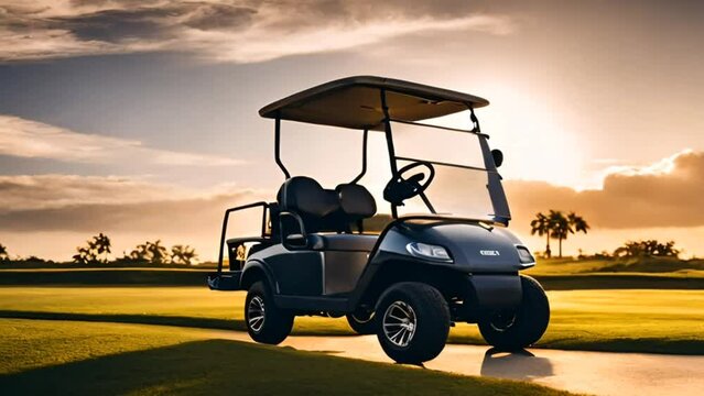 A golf cart on golf course against sunset 