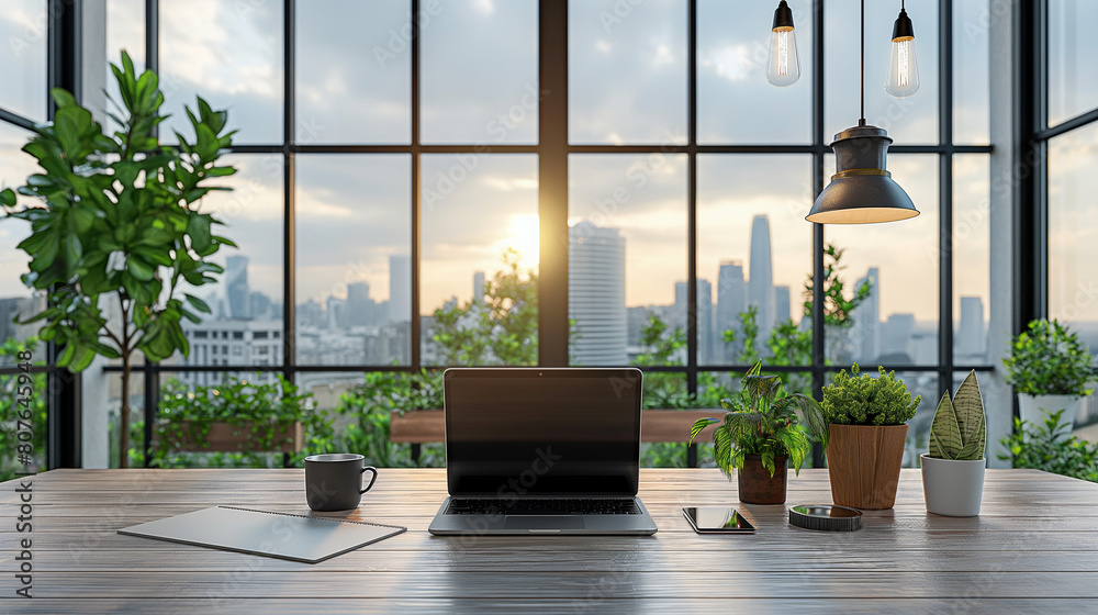 Wall mural A laptop sits on a wooden desk in front of a window with a view of a city