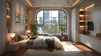 A modern apartment bedroom designed in a realistic style with clean lines, bright lighting that...