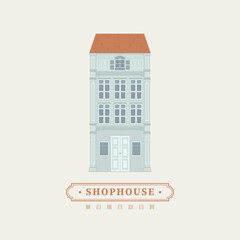 Naklejka premium Mnimal vector drawing illustration of an old school heritage shophouse facade in pastel colour. For concept proposal, design, postcard, banner, social media