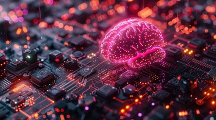An artificial intelligence isometric landing page with microcircuits on a neon glowing futuristic background, a glowing human brain levitates on a platform and microcircuits are illuminated by