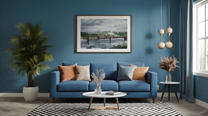 Blue sofa in blue living room with copy space, 3D rendering