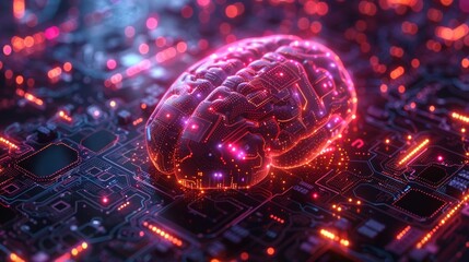 3D modern web banner with glowing human brain levitate on antigravity platform with microcircuits on neon glowing futuristic background. - obrazy, fototapety, plakaty