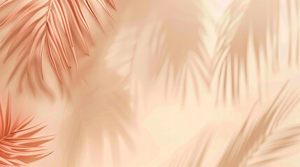 Peach background with shadow of palm leaves, tropical atmosphere.