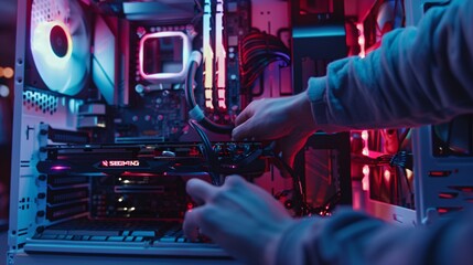 Art of PC building, low-angle shot of an individual meticulously assembling components inside a custom PC rig, the LED lighting showcasing the blend of functionality and aesthetics.
