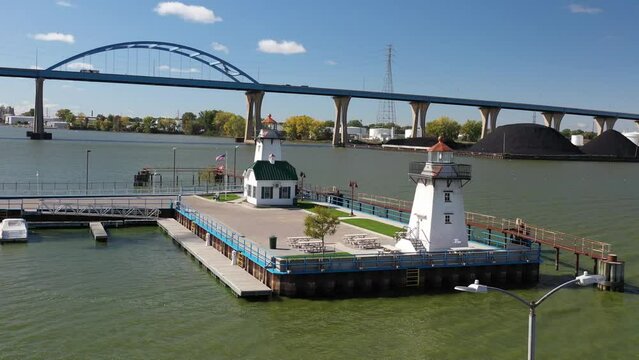 Aerial view of Green Bay Wisconsin Tower Drive Leo Frigo arched bridge with two lighthouses