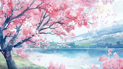 Watercolor illustration of cherry blossoms in full bloom, their gentle pink hues instilling a sense of calm and serenity in the clinic environment