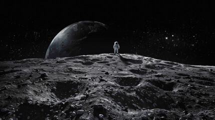 A astronaut wearing space suit  and exploring the space in search of life and water on moon. Black and White wallpaper of astronaut who exploring and landing on the moon.