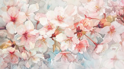 Watercolor of a blooming cherry orchard, the soft pinks and whites providing a soothing visual comfort to clinic visitors