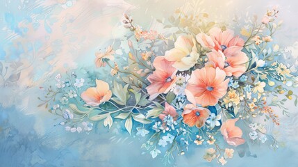 Watercolor of a delicate floral arrangement in soft pastels, creating a soothing and welcoming atmosphere for dental clinic patients