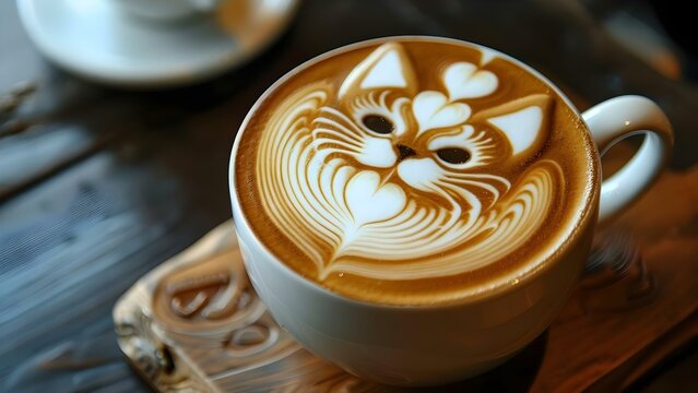 Closeup of animal latte art on cappuccino in cafe wallpaper. Concept Animal Latte Art, Close-up Photography, Cafe Culture, Coffee Break, Creative Wallpaper