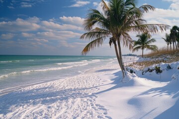 snow covered paradisiacal beach with palm trees. generative ai
