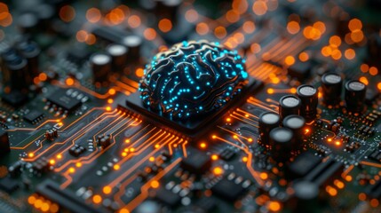 Glowing blue brain circuit on computer motherboard. For big data processing, ai trading, machine learning, technology background. - obrazy, fototapety, plakaty
