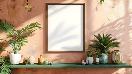 Mockup living room with brown frame green shelf plants and personal accessories. Concept Living Room Decor, Brown Frame, Green Shelf, Plants, Personal Accessories