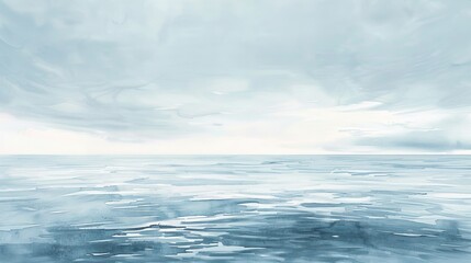Watercolor painting of a peaceful coastal horizon, the blend of sea and sky in soothing blues and greys creating a calming clinic ambiance