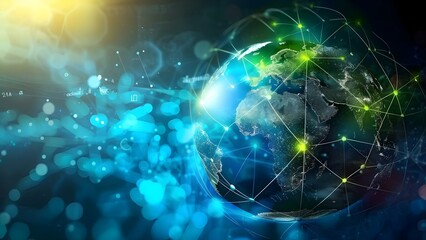 Obraz premium Holographic world globe with connection points symbolizing social media business. Concept Social Media Business, Holographic Globe, Connection Points, Global Networking