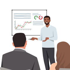Young black man doing presentation. Business workers smiling happy and confident in a meeting. Flat vector illustration isolated on white background