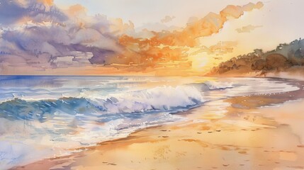 Fototapeta premium Watercolor painting of a quiet beach at sunset, the warm colors and gentle waves crafting a relaxing backdrop for the clinic