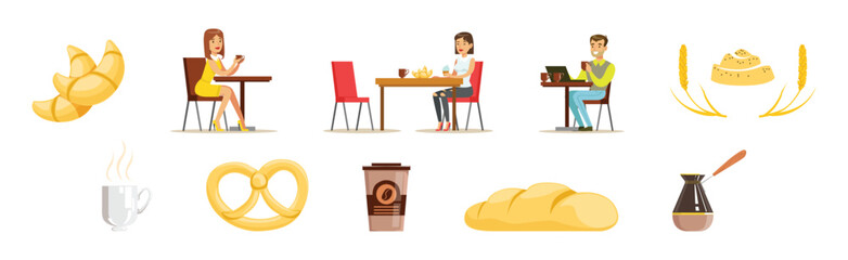 People Character at Cafe Shop Buy Coffee and Pastry Vector Set