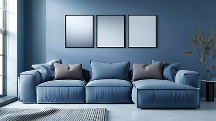Contemporary monochrome interior featuring a dusty blue sofa and blank wall mockup. Concept Interior Design, Monochrome Decor, Dusty Blue Sofa, Blank Wall Mockup, Contemporary Style