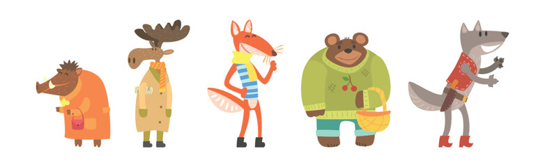 Funny Forest Animal Wear Dress and Clothes Vector Set