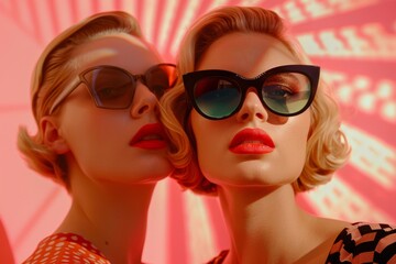 Two elegant women in stylish sunglasses with dramatic makeup under vibrant pink lighting capture a sophisticated, vintage glamour look, Generative Ai