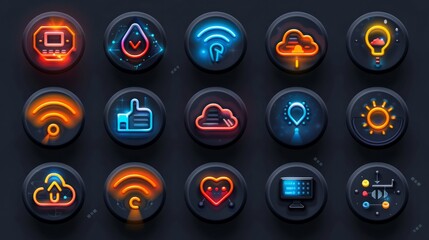 A set of technology icons covering 5G, AI, robotics, IoT, biometrics, geolocation, cloud computing, and automation.