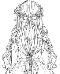 Hairstyle of the hair is decorated with flowers and a ribbon illustration clip art coloring book black and white for kids and adults isolated line art on white background.