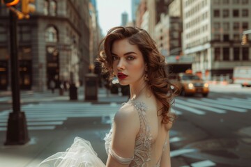 Naklejka premium A young woman in exquisite bridal wear stands on a city street, her gaze captivating and full of stories, surrounded by the rush of urban life, Generative Ai