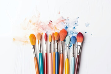 Fototapeta premium Paint brushes and paints on a white background with copy space.