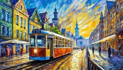 Old tram in old city, oil paintings art design