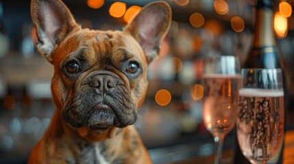 An image of a French Bulldog drinking champagne on New Year's Eve. Generative AI.