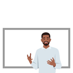 Young black business coach Talking in front of white board. Flat vector illustration isolated on white background
