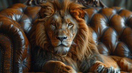 AI-generated royal lion sitting on a throne. - obrazy, fototapety, plakaty